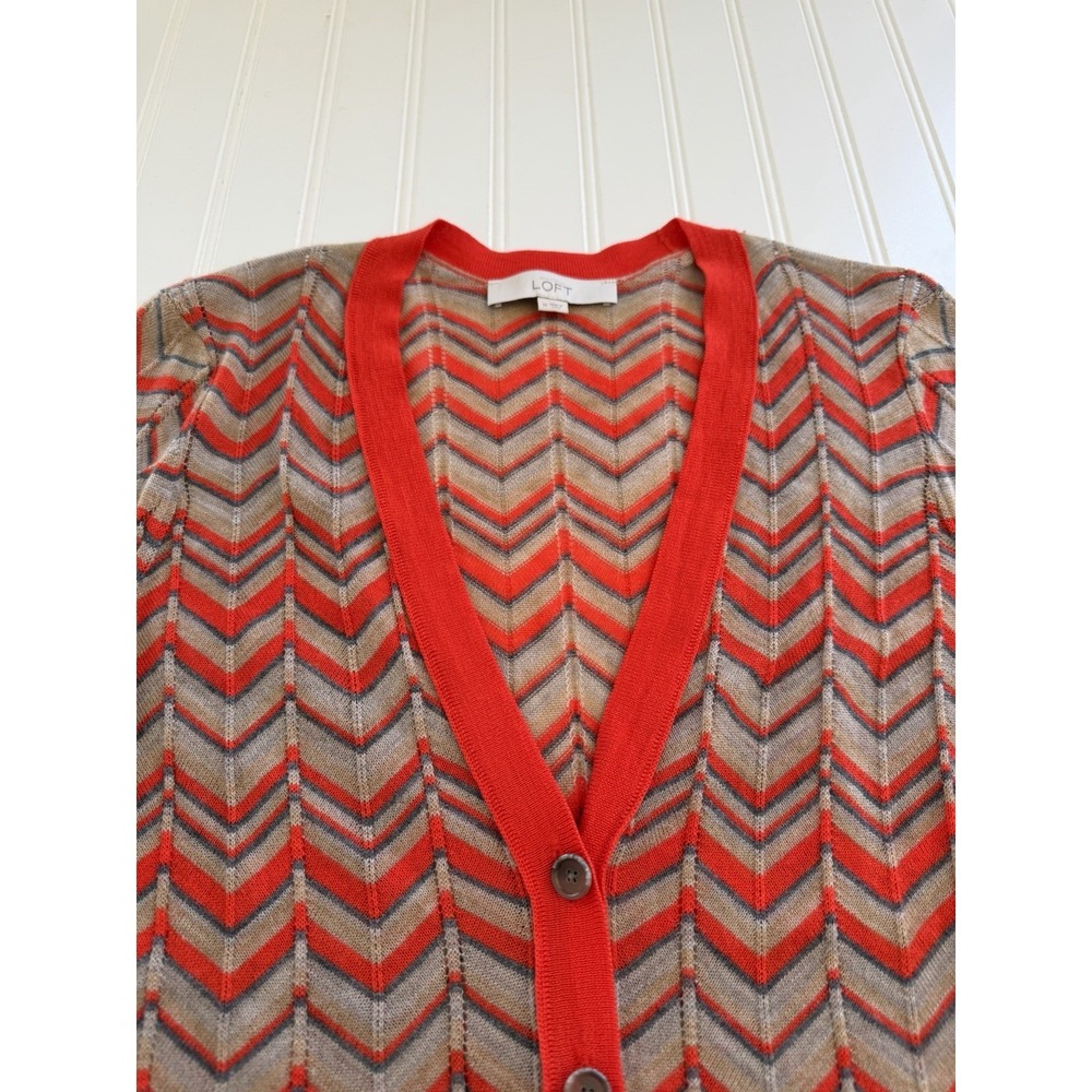 LOFT Womens M Cardigan Chevron Striped Orange Blue V Neck Button Up - Picture 2 of 9